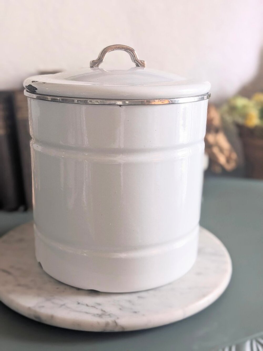 Chippy White Enamel Lidded Canister ~ Pantry Storage